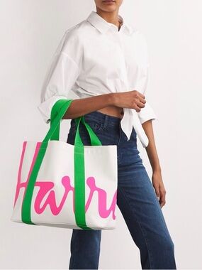 Harrods White Tote with Pink Script and Green Handles